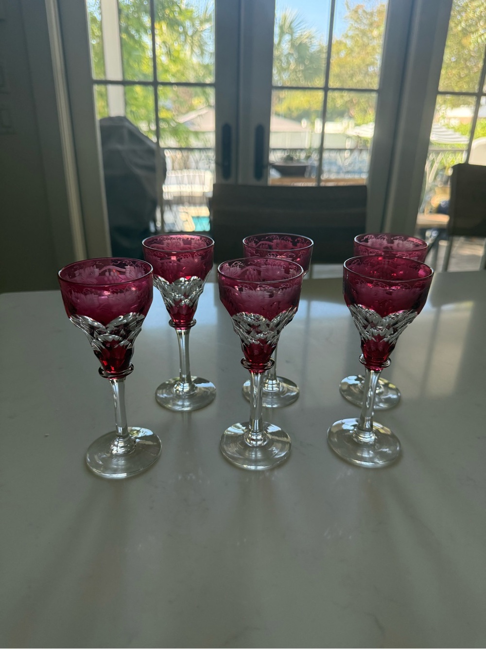 Walsh England Antique Cranberry Cut Dessert Wine Glass